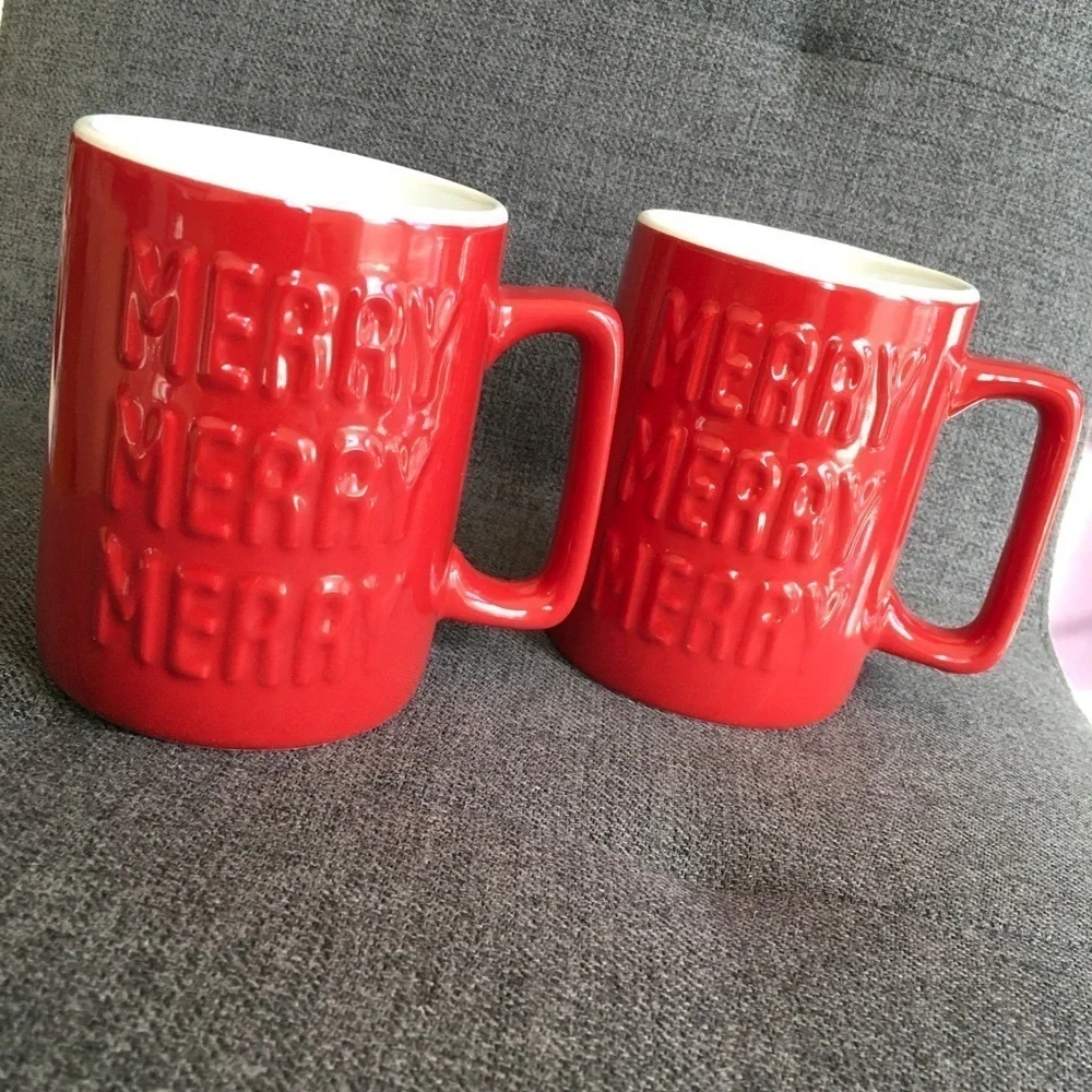 Set/2 “MERRY MERRY MERRY” Coffee Mugs, Red, White, 16 oz